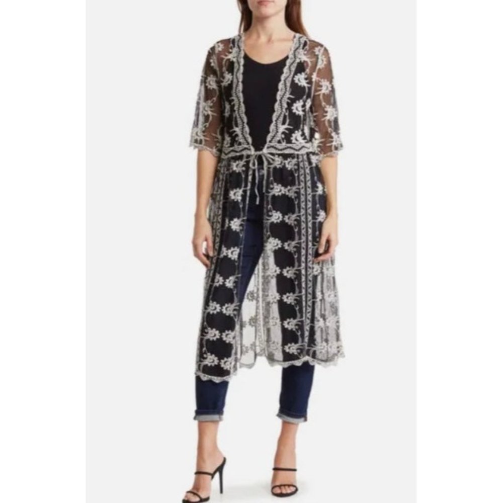 Cardigan duster kimono open front cover boho black white Dress